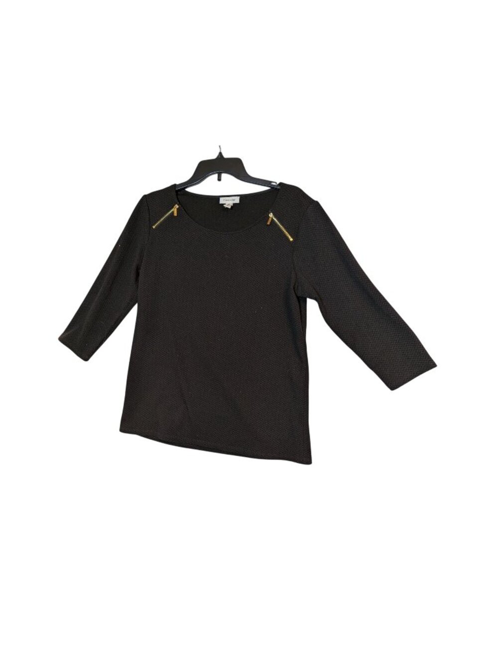 Calvin Klein Black Textured 3/4 Sleeve Top With Gold Zipper Accents Size M
